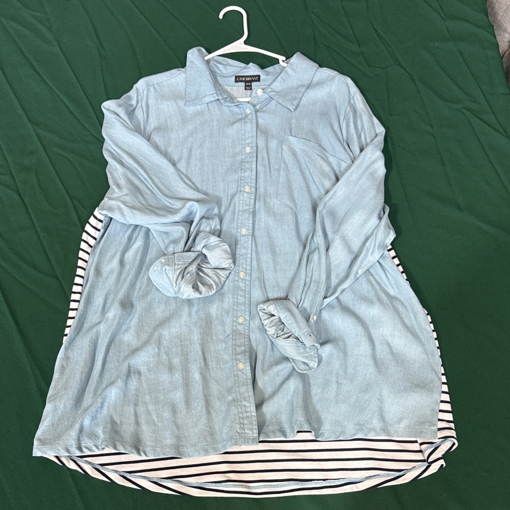Lane Bryant Chambray Button Down Shirt 26/28 Plus Size Striped Back Lightweight